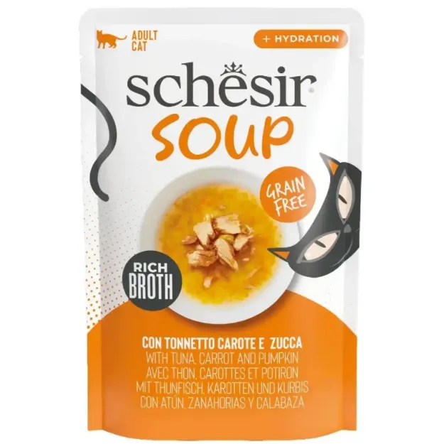 Schesir Cat Pouch σούπα τόνος καρότο κολοκύθα 40gr υγρή τροφή γάτας grain free — Bark and Bite Θεσσαλονίκη